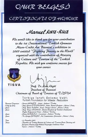 Certificado de honor de TISVA, bienal de arte. Ankara (Turquía), 2005