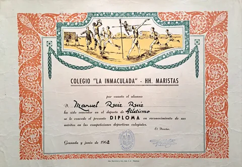 Diploma de vencedor en atletismo, colegio La Inmaculada (HH. Maristas). Granada, junio de 1962